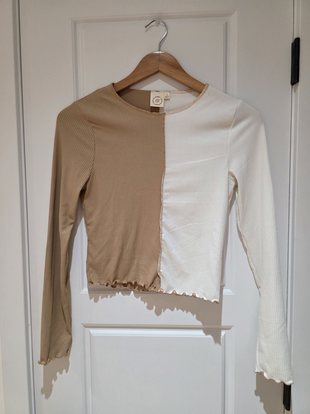 Kids Two-Tone Ribbed Long-Sleeve Top — Cream & Tan